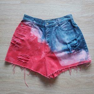 NWT Cenza Acid Wash Distressed Mom Jean Shorts Raw Hem High Rise Blue-Red